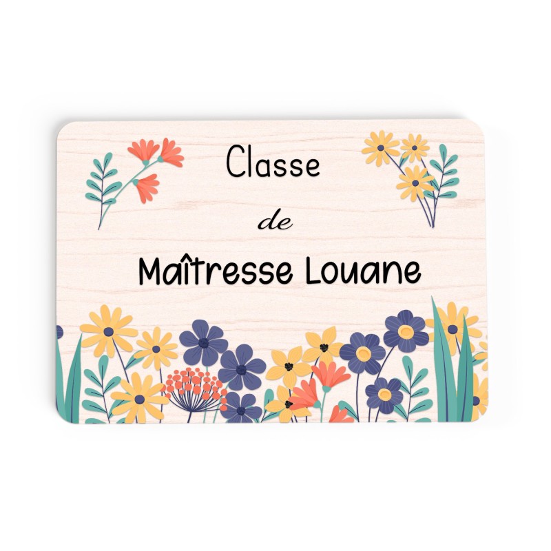 Plaque de Porte Personnalisable cadeau Maîtresse enseignant Fleurie bois ou plexi