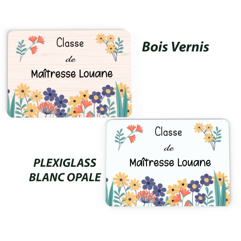 Plaque de Porte Personnalisable cadeau Maîtresse enseignant Fleurie bois ou plexi