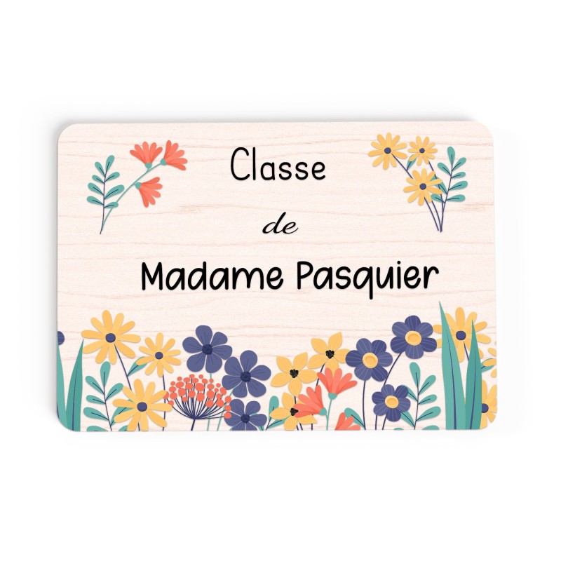 Plaque de Porte Personnalisable cadeau Maîtresse enseignant Fleurie bois ou plexi