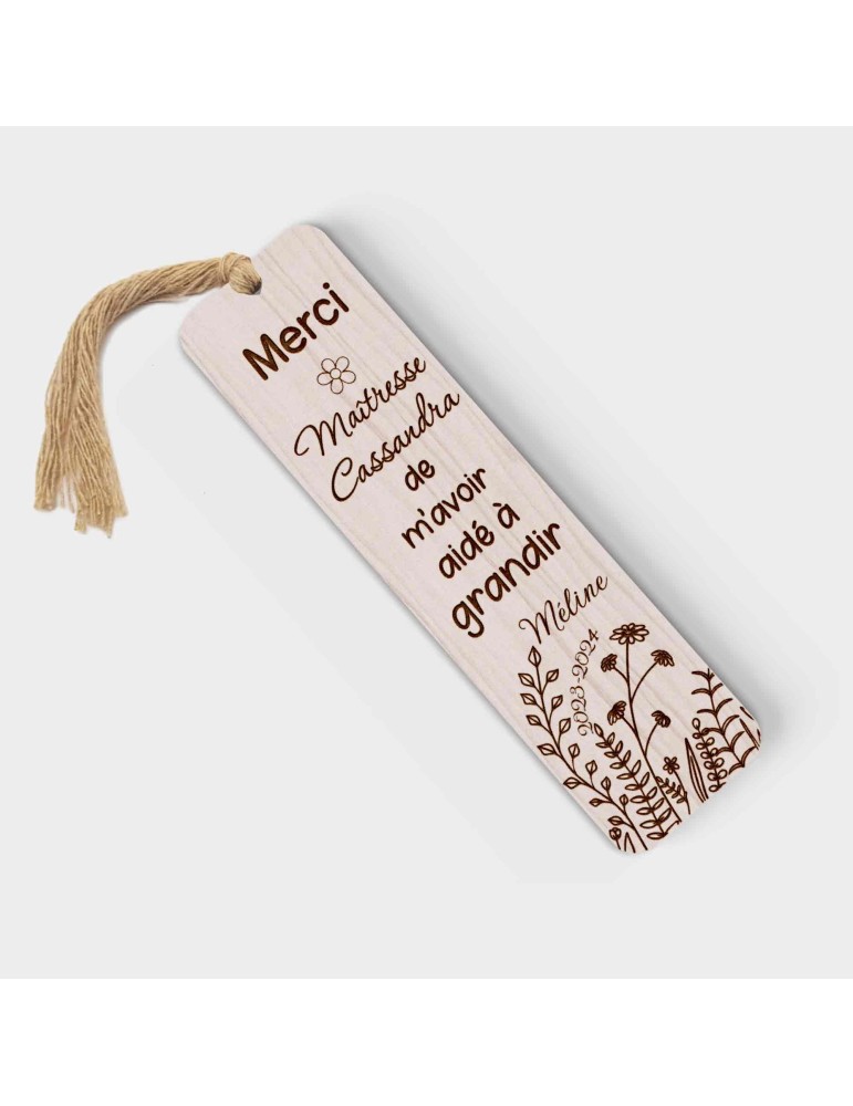 Marque page en bois personnalisable Maîtresse Maitre floral