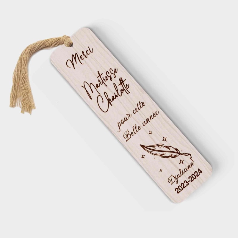 Marque page en bois personnalisable Maîtresse Maitre Plume