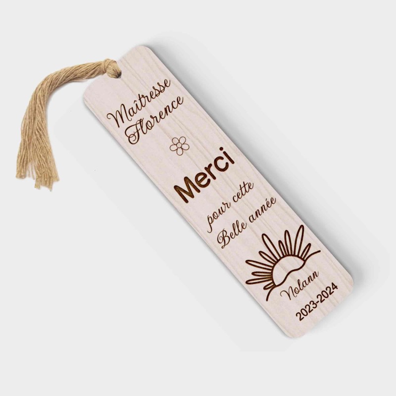 Marque page en bois personnalisable Maîtresse Maitre soleil