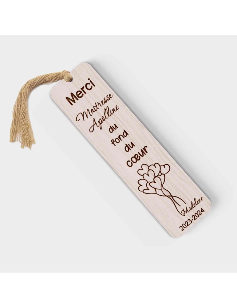 Marque page en bois personnalisable Maîtresse Maitre ballon cœur