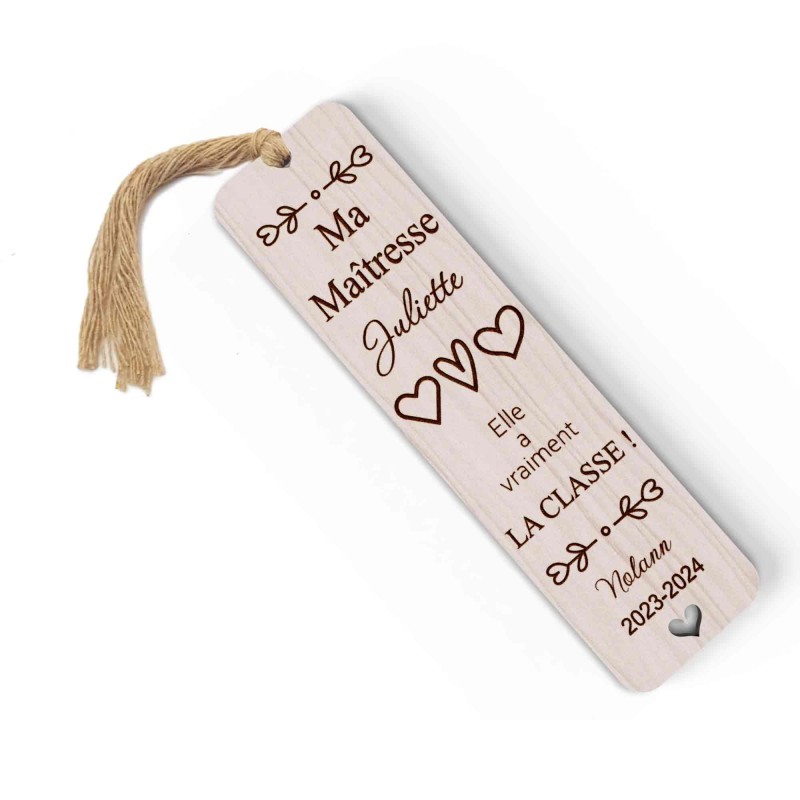 Marque page en bois personnalisable Maîtresse Maitre cœur