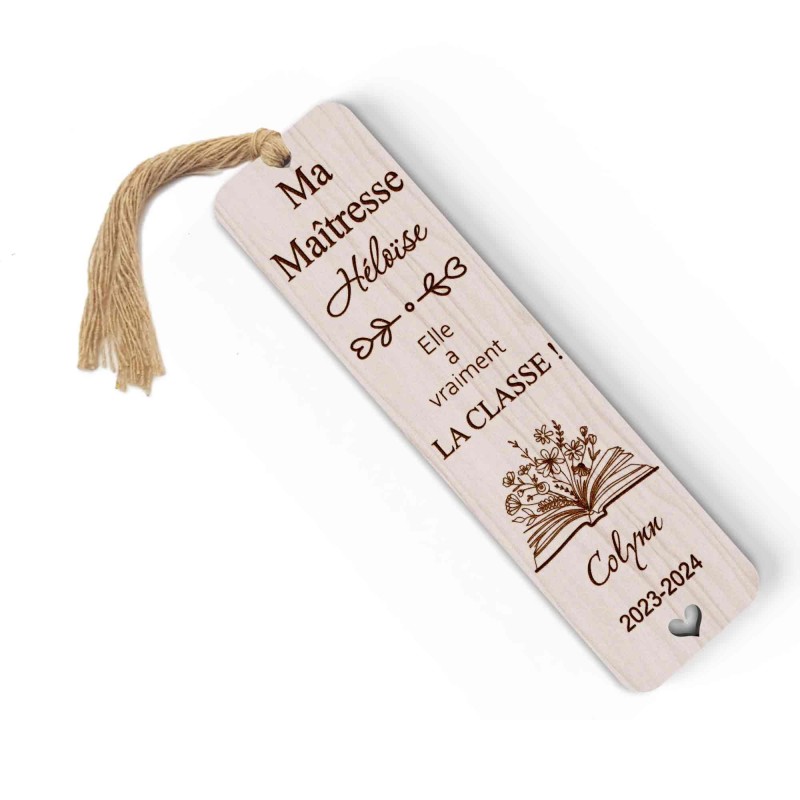 Marque page en bois personnalisable Maîtresse Maitre livre fleur