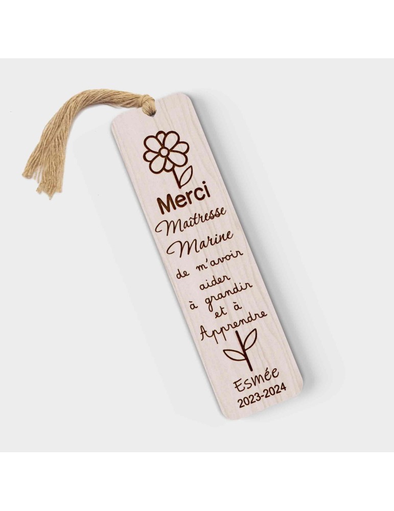 Marque page en bois personnalisable Maîtresse Maitre fleur marguerite