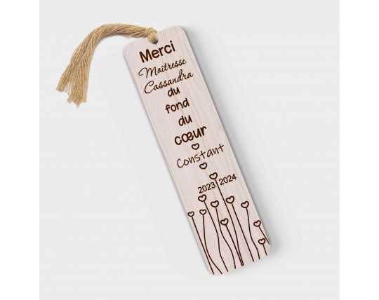 Marque page en bois personnalisable Maîtresse Maitre fleur cœur