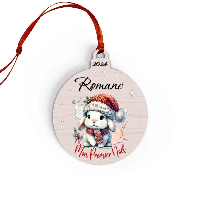 Boule de Noël en Bois Personnalisée avec lapin colorée Mon Premier Noël