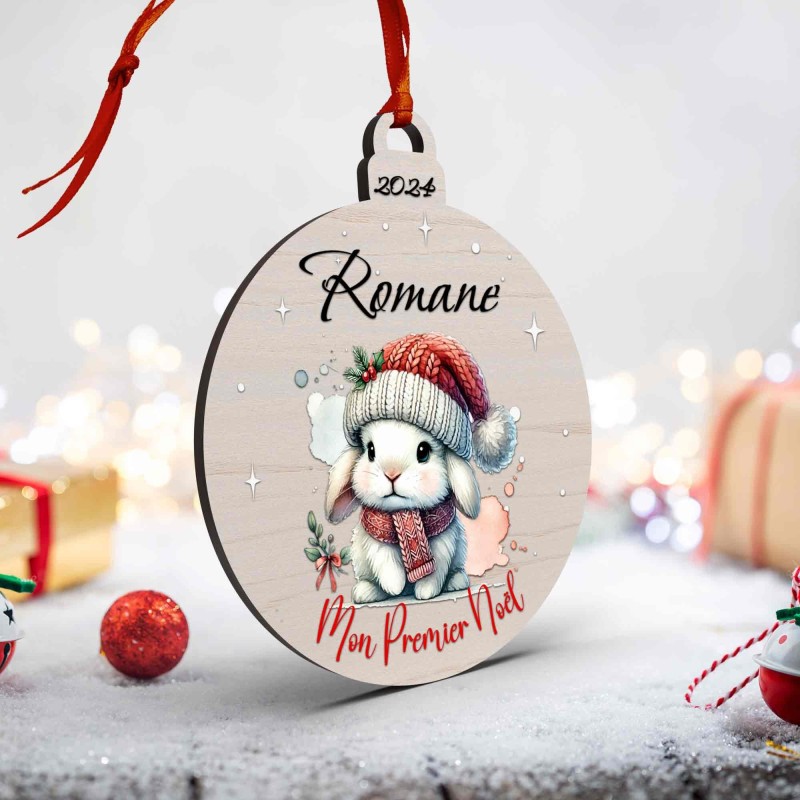 Boule de Noël en Bois Personnalisée avec lapin colorée Mon Premier Noël