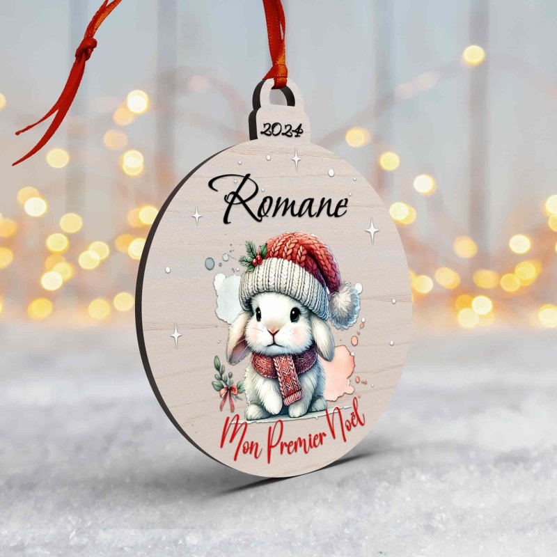 Boule de Noël en Bois Personnalisée avec lapin colorée Mon Premier Noël
