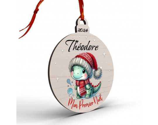 Boule de Noël en Bois Personnalisée avec dino colorée Mon Premier Noël