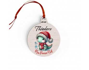 Boule de Noël en Bois Personnalisée avec dino colorée Mon Premier Noël