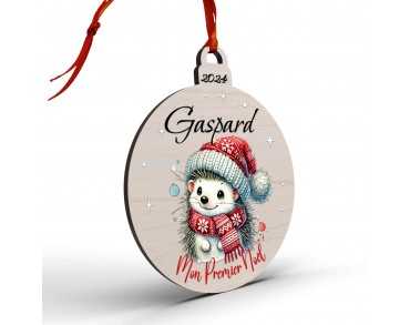 Boule de Noël en Bois Personnalisée avec hérisson colorée Mon Premier Noël