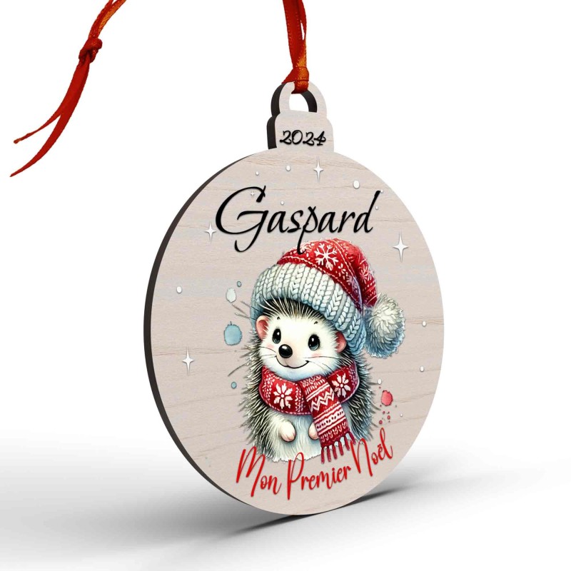 Boule de Noël en Bois Personnalisée avec hérisson colorée Mon Premier Noël