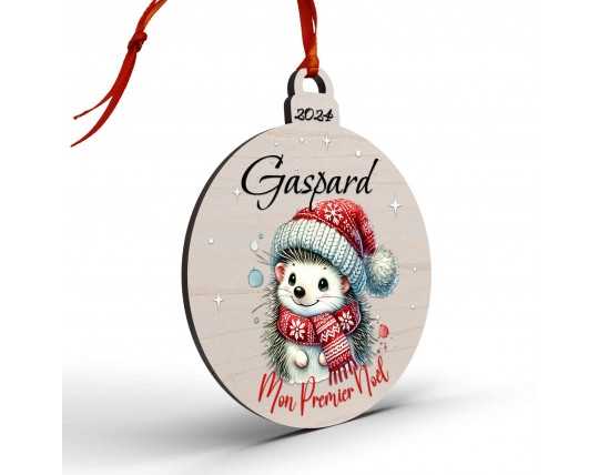 Boule de Noël en Bois Personnalisée avec hérisson colorée Mon Premier Noël