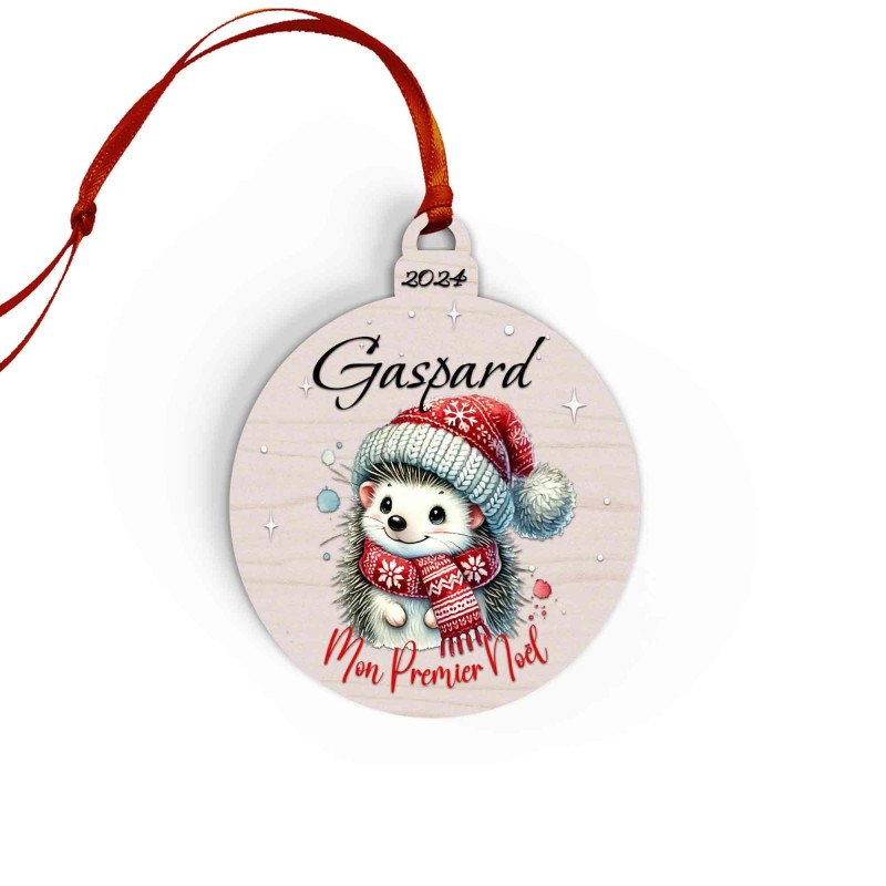 Boule de Noël en Bois Personnalisée avec hérisson colorée Mon Premier Noël