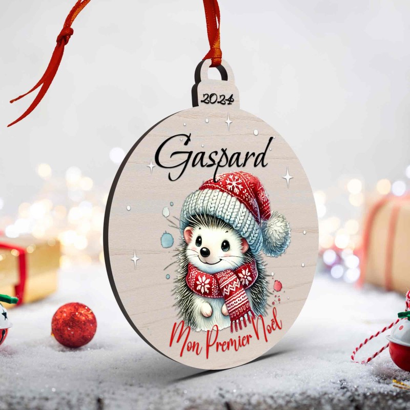 Boule de Noël en Bois Personnalisée avec hérisson colorée Mon Premier Noël