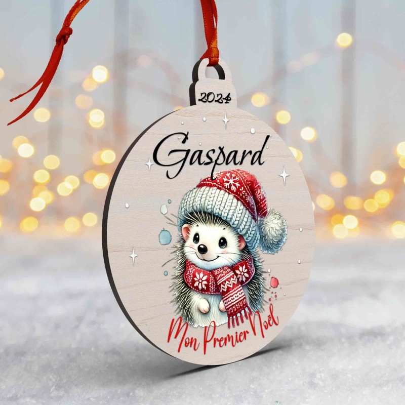 Boule de Noël en Bois Personnalisée avec hérisson colorée Mon Premier Noël