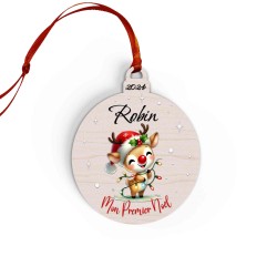 Boule de Noël en Bois Personnalisée avec cerf guirlande colorée Mon Premier Noël 2