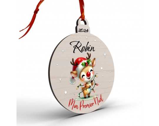 Boule de Noël en Bois Personnalisée avec cerf guirlande colorée Mon Premier Noël