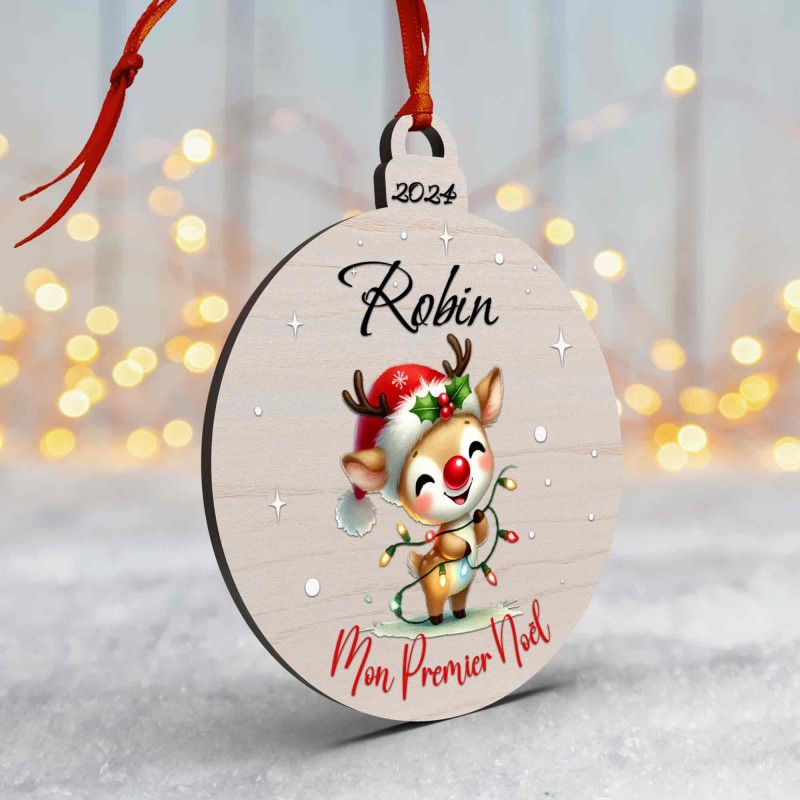 Boule de Noël en Bois Personnalisée avec cerf guirlande colorée Mon Premier Noël