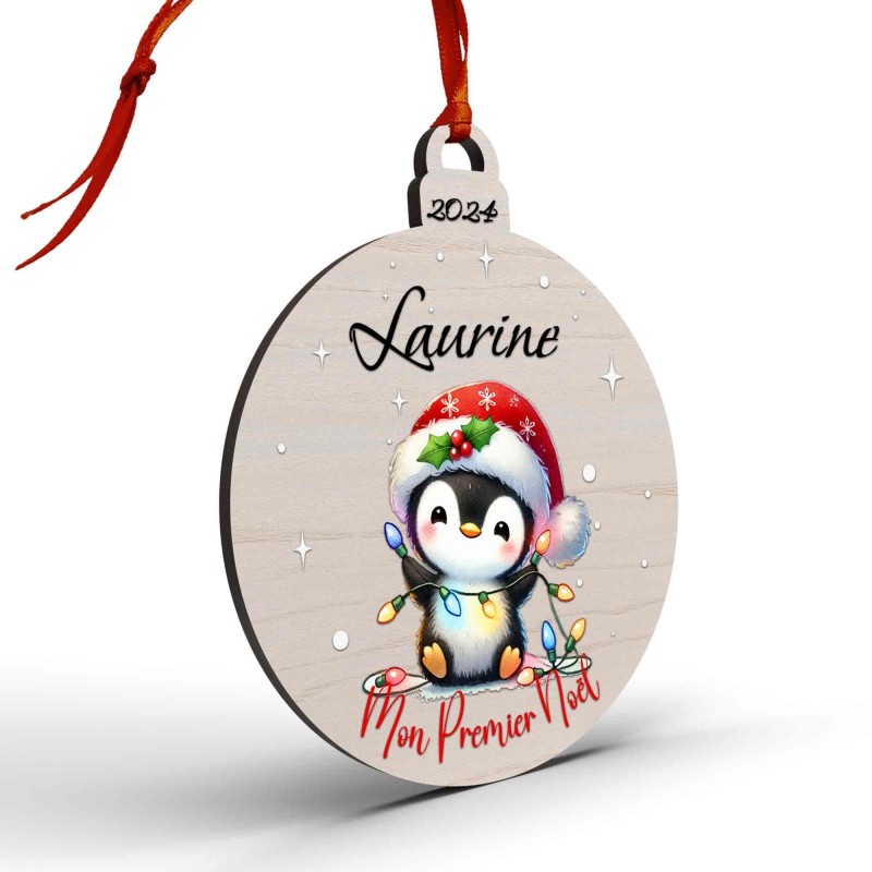 Boule de Noël en Bois Personnalisée avec pingouin guirlande colorée Mon Premier Noël