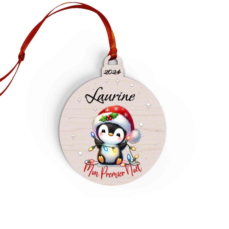 Boule de Noël en Bois Personnalisée avec pingouin guirlande colorée Mon Premier Noël