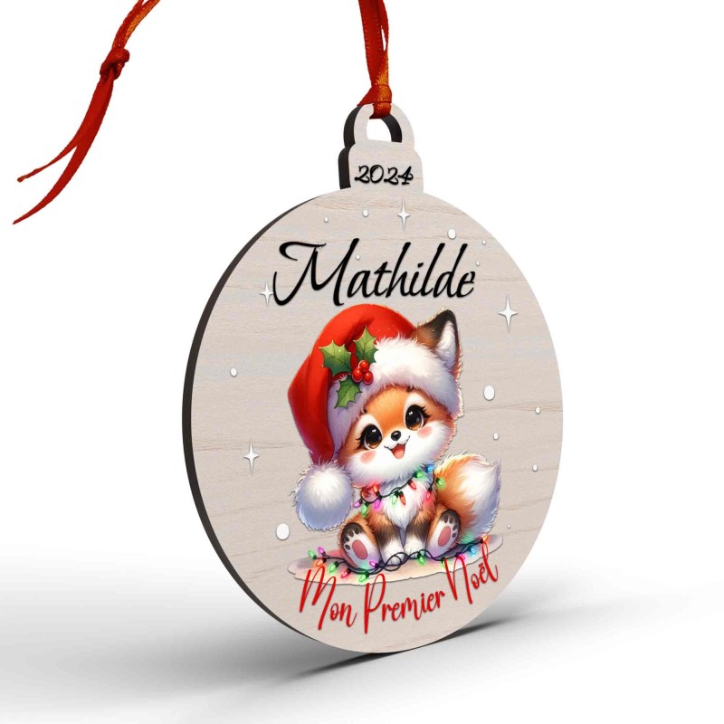 Boule de Noël en Bois Personnalisée avec renard guirlande colorée Mon Premier Noël