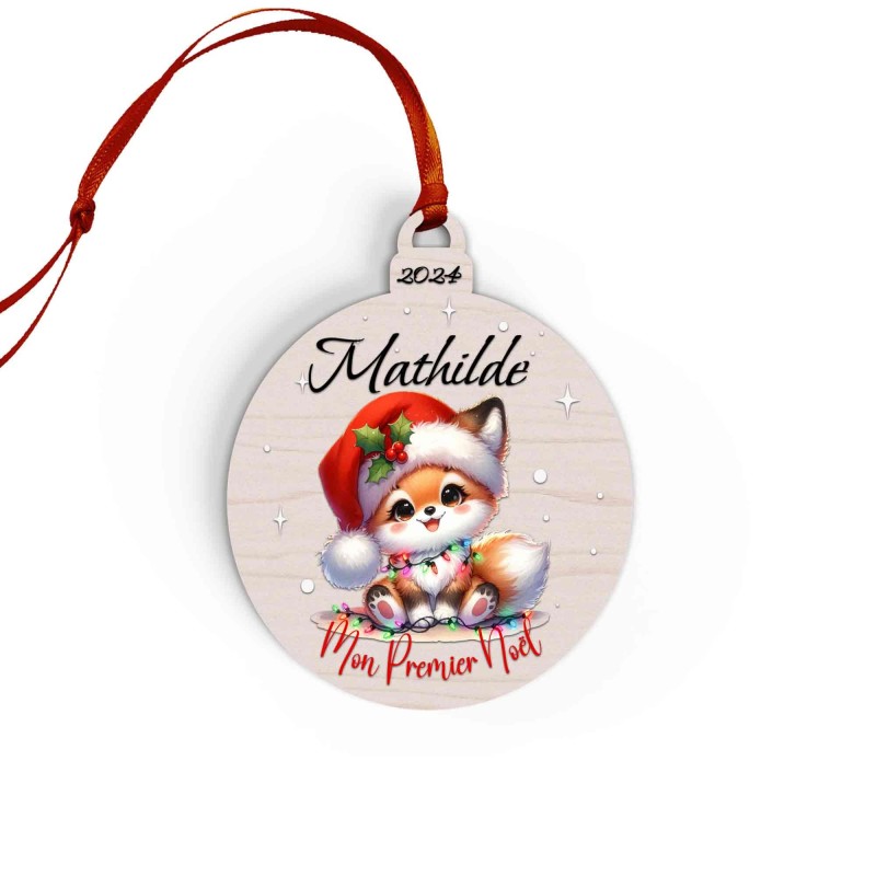 Boule de Noël en Bois Personnalisée avec renard guirlande colorée Mon Premier Noël