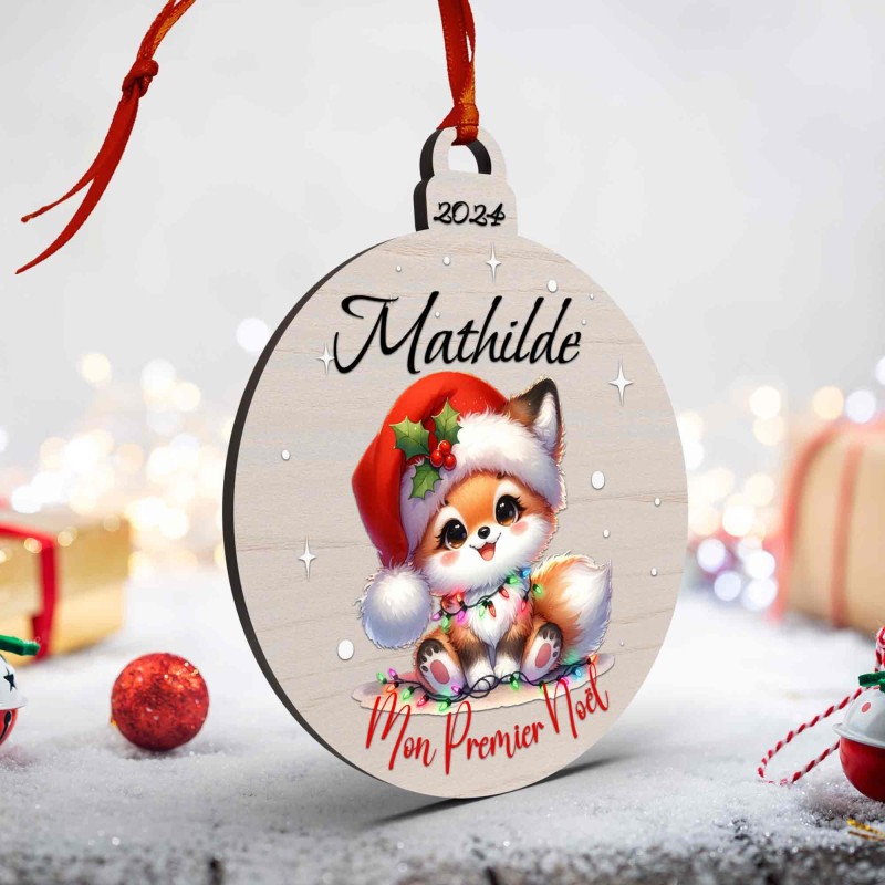 Boule de Noël en Bois Personnalisée avec renard guirlande colorée Mon Premier Noël