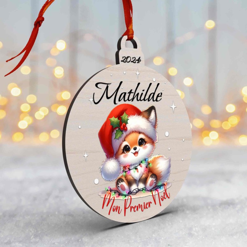 Boule de Noël en Bois Personnalisée avec renard guirlande colorée Mon Premier Noël