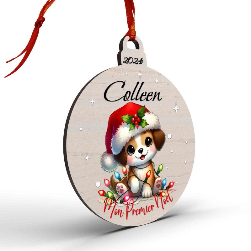 Boule de Noël en Bois Personnalisée avec chiot guirlande colorée Mon Premier Noël