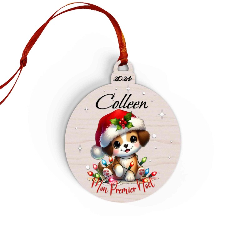 Boule de Noël en Bois Personnalisée avec chiot guirlande colorée Mon Premier Noël