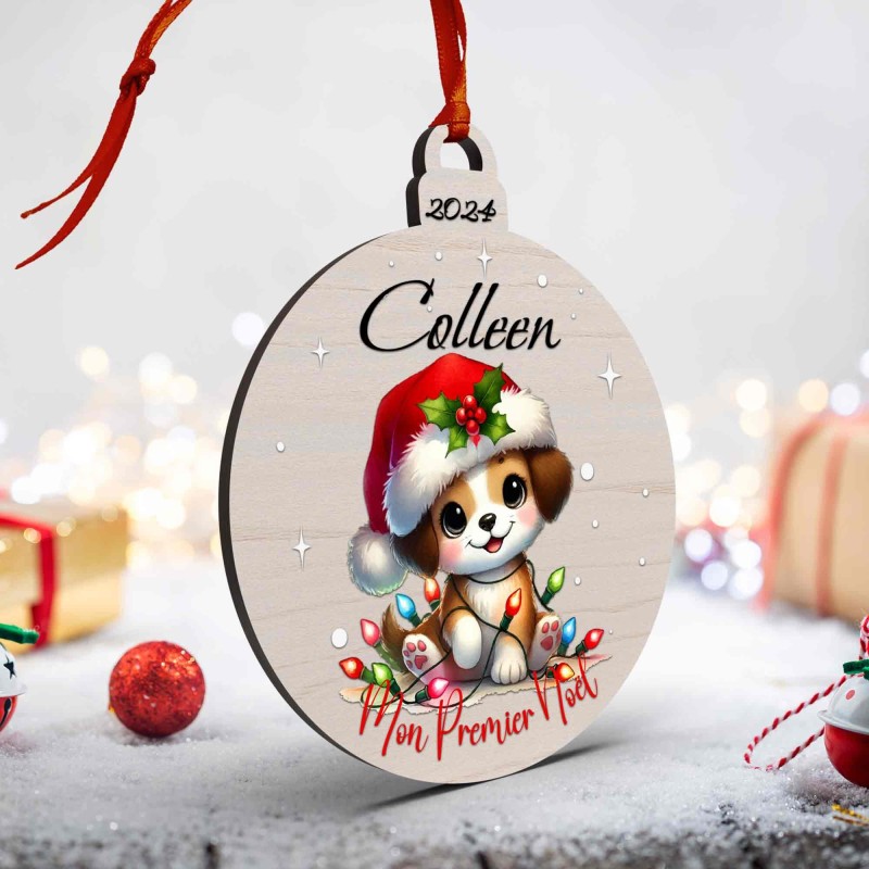 Boule de Noël en Bois Personnalisée avec chiot guirlande colorée Mon Premier Noël
