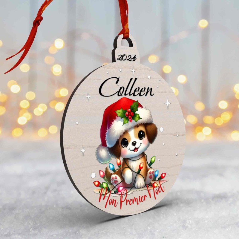 Boule de Noël en Bois Personnalisée avec chiot guirlande colorée Mon Premier Noël