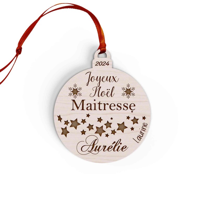 Boule de Noël en bois personnalisée maîtresse, maître, atsem, nounou étoiles