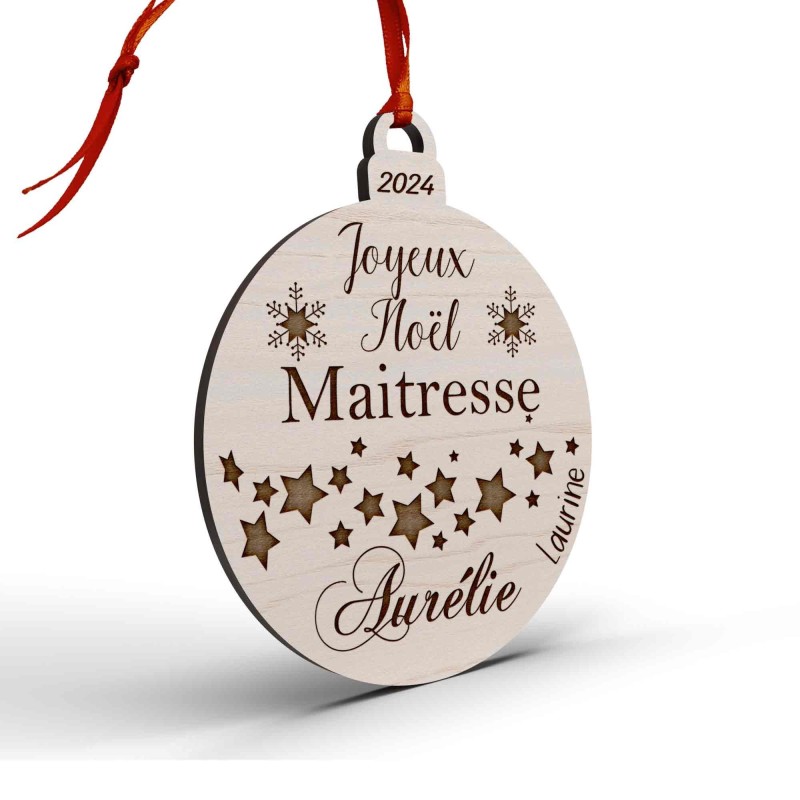 Boule de Noël en bois personnalisée maîtresse, maître, atsem, nounou étoiles