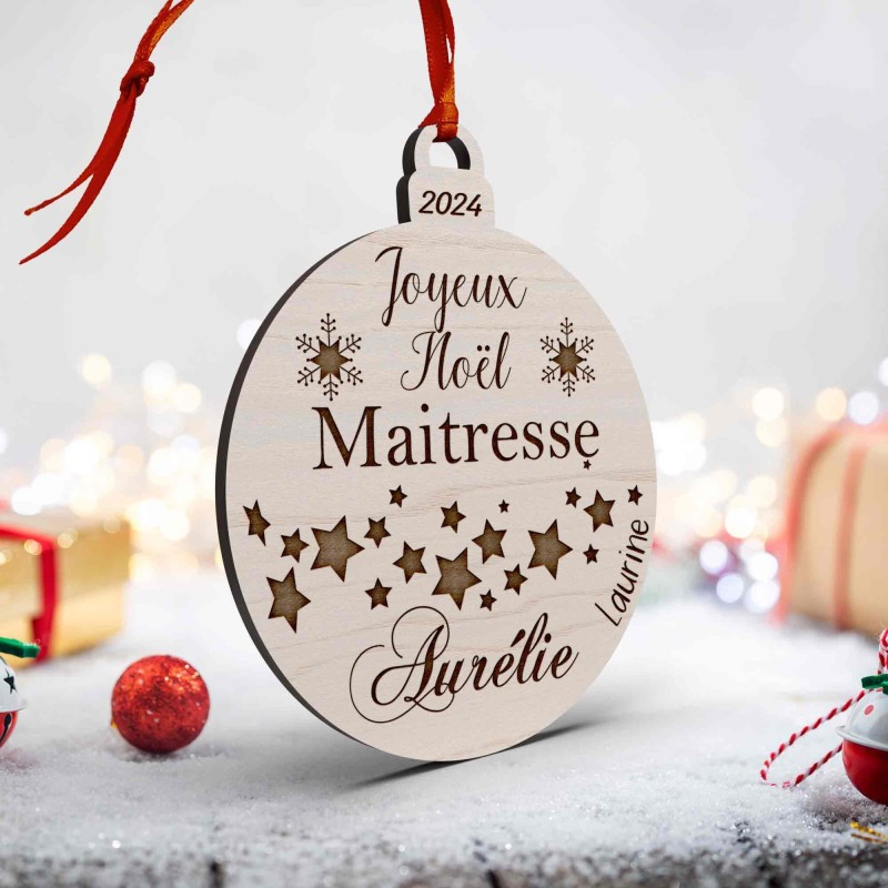 Boule de Noël en bois personnalisée maîtresse, maître, atsem, nounou étoiles