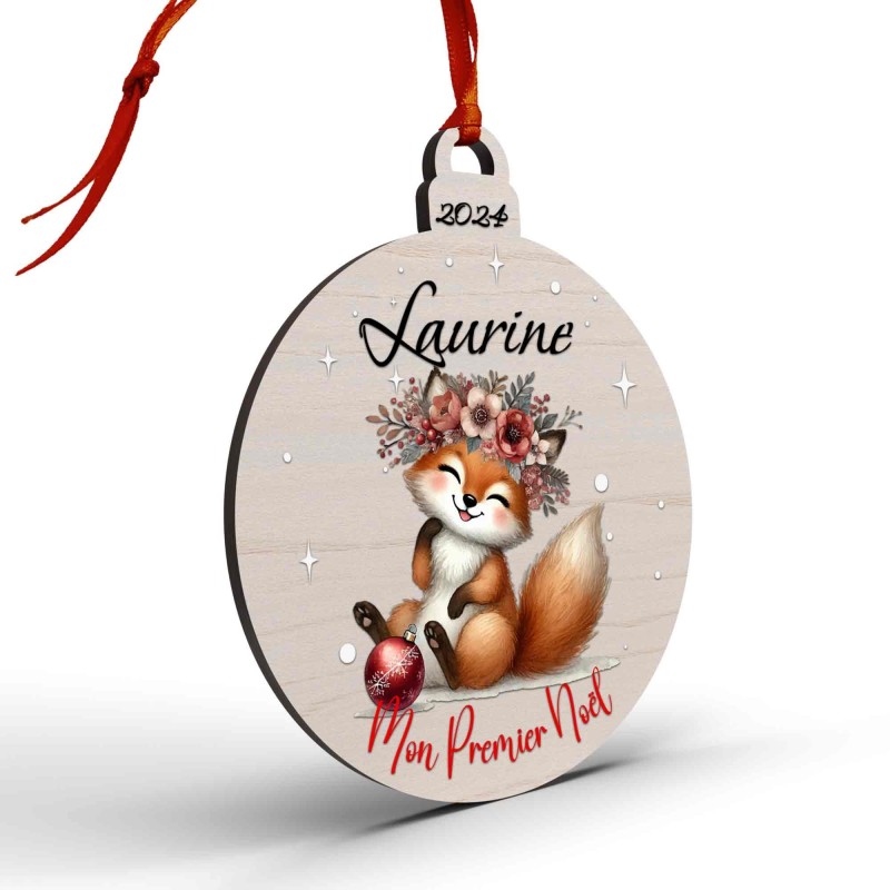 Boule de Noël en Bois Personnalisée avec renard floral colorée Mon Premier Noël