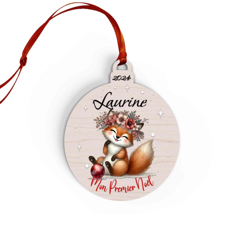 Boule de Noël en Bois Personnalisée avec renard floral colorée Mon Premier Noël