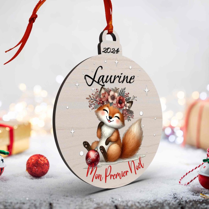 Boule de Noël en Bois Personnalisée avec renard floral colorée Mon Premier Noël