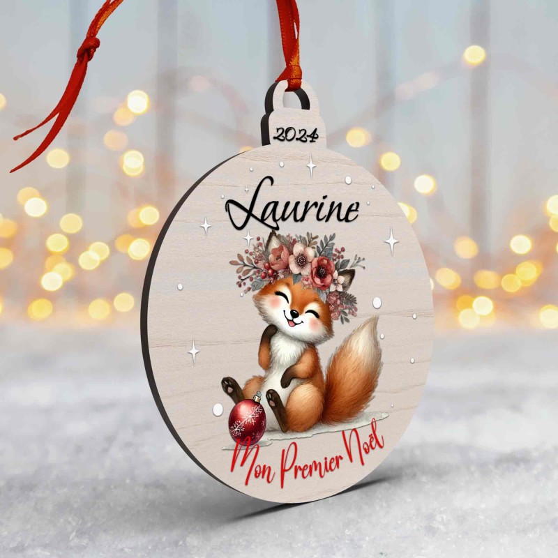 Boule de Noël en Bois Personnalisée avec renard floral colorée Mon Premier Noël