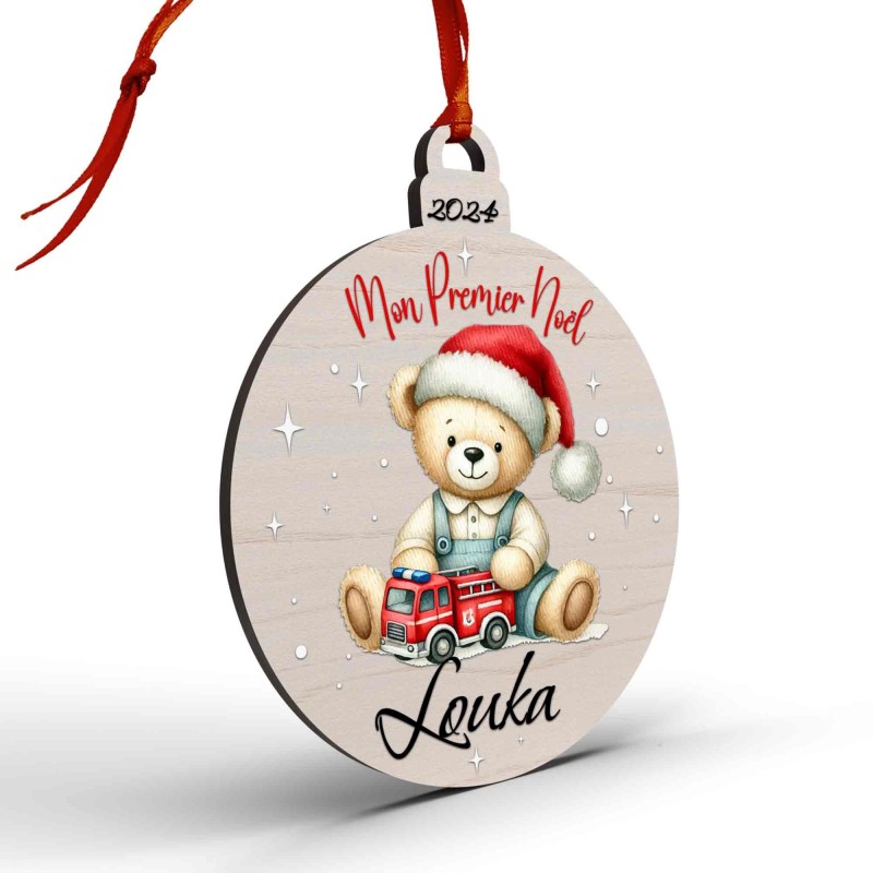 Boule de Noël en Bois Personnalisée avec ours pompier colorée Mon Premier Noël