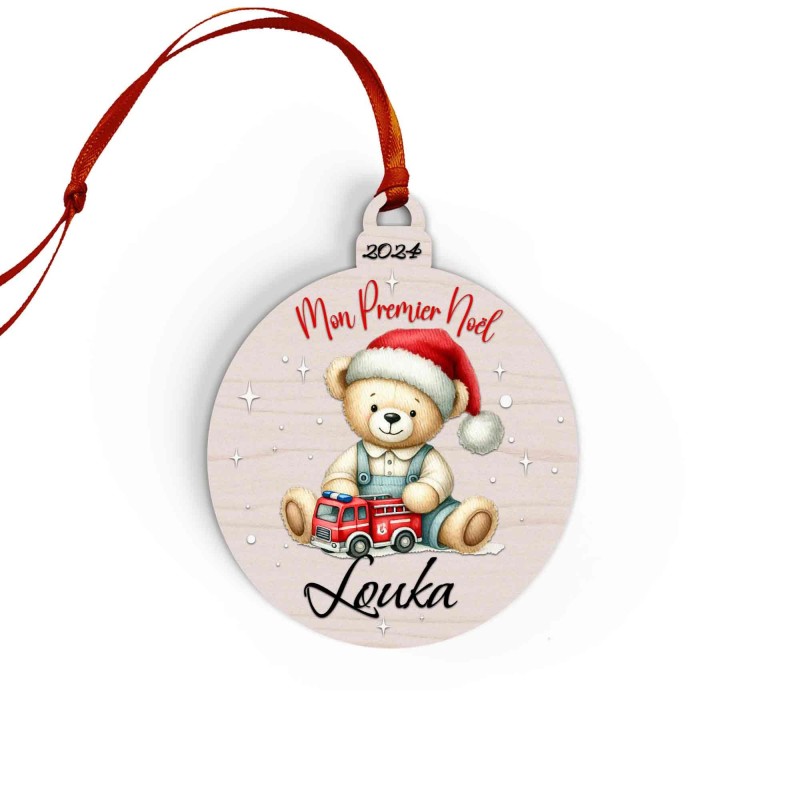 Boule de Noël en Bois Personnalisée avec ours pompier colorée Mon Premier Noël