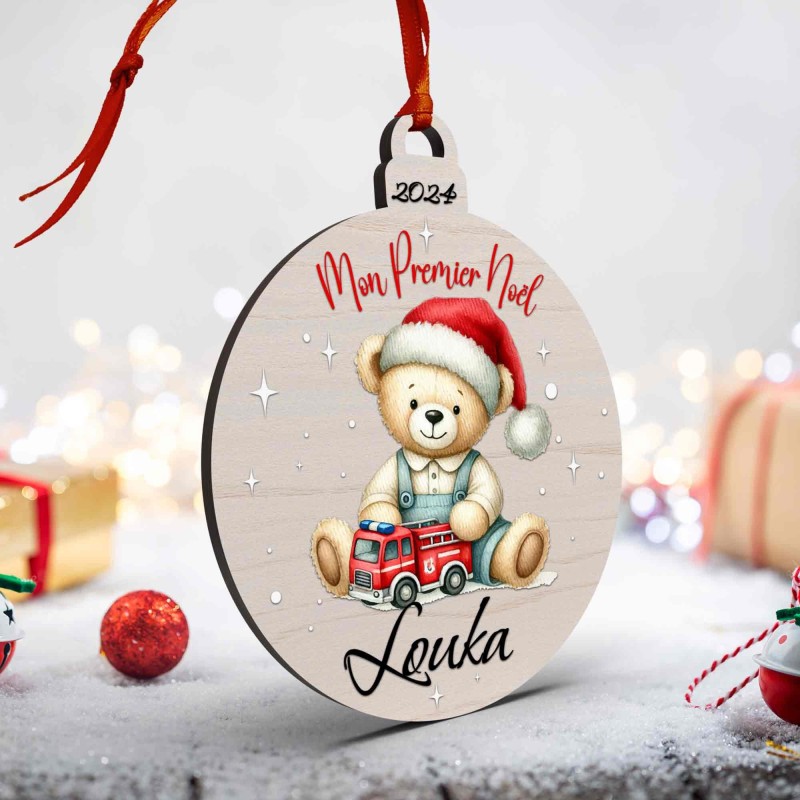 Boule de Noël en Bois Personnalisée avec ours pompier colorée Mon Premier Noël