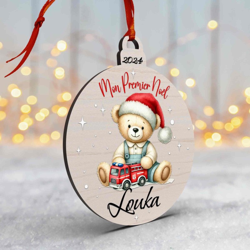 Boule de Noël en Bois Personnalisée avec ours pompier colorée Mon Premier Noël