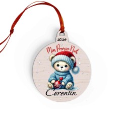 Boule de Noël en Bois Personnalisée avec ours pull colorée Mon Premier Noël 2