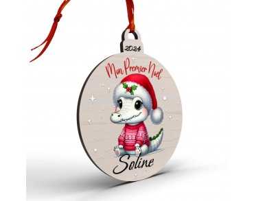 Boule de Noël en Bois Personnalisée avec croco blanc colorée Mon Premier Noël
