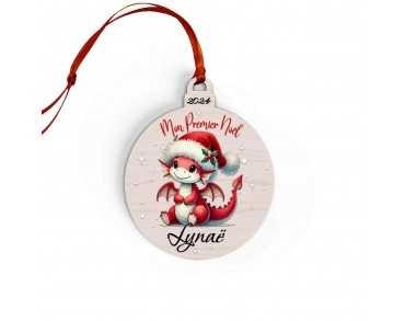 Boule de Noël en Bois Personnalisée avec dragon rouge colorée Mon Premier Noël
