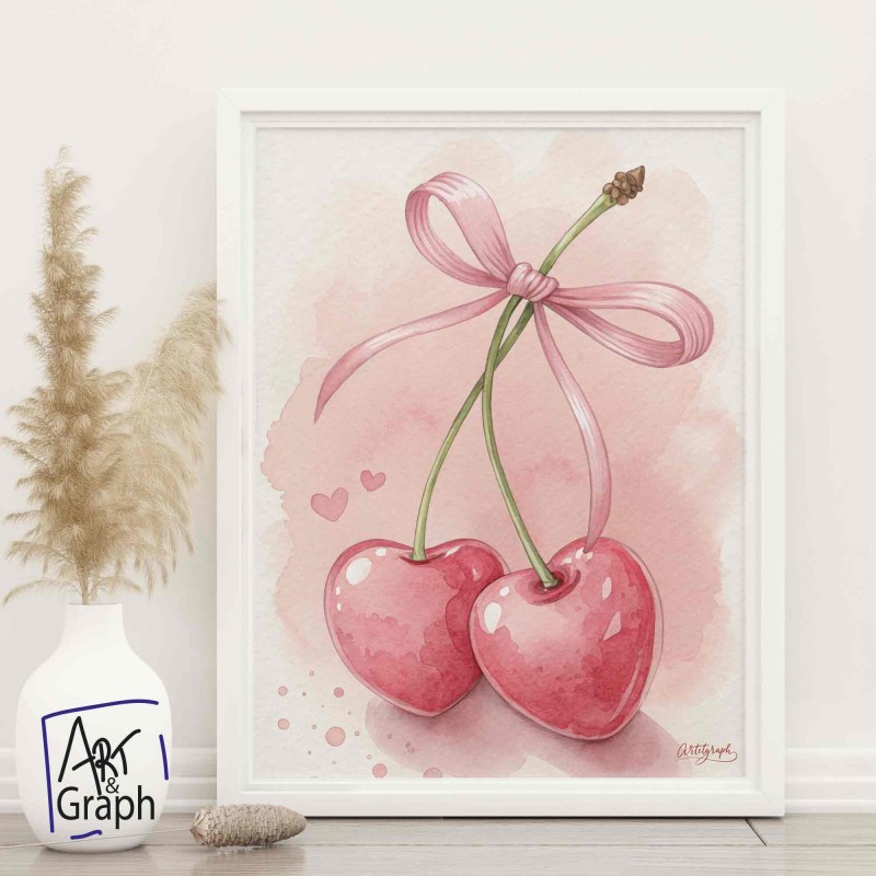 Affiche Numérique Cerises en Forme de Cœur - Illustration Romantique et Douce en Aquarelle pour Décoration Murale